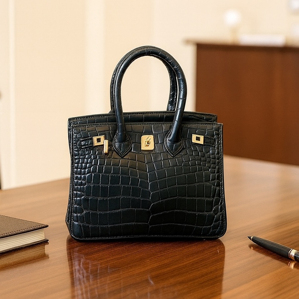 25cm Luxurious Black Crocodile-Leather Embossed Tote